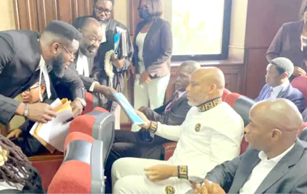 Leader Of The Proscribed Indigenous People Of Biafra Ipob Nnamdi Kanu With His Legal Team During An Appearance At The Federal High Court In Abuja