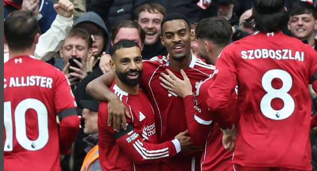 Liverpools Dutch Midfielder 38 Ryan Gravenberch C Celebrates With Teammates After Scoring The Op