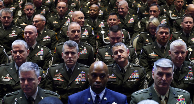 Senior Military Leaders Listen As U.s. Secretary Of War Pete Hegseth Speaks At Marine Corps Base Qua