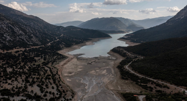 This Aerial Photograph Shows The Low Water Level Of The Mornos Artificial Lake Following A Drought