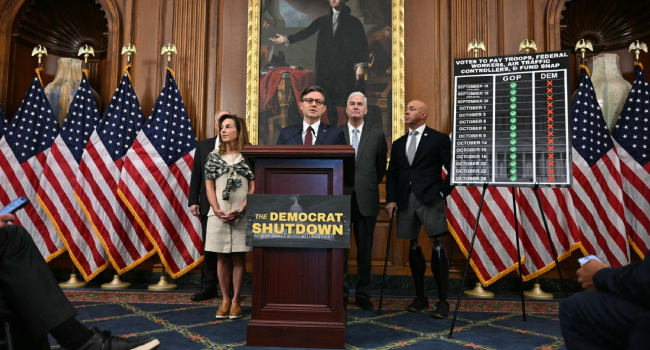Us Speaker Of The House Mike Johnson Republican Of Louisiana Speaks Alongside With Members Of House
