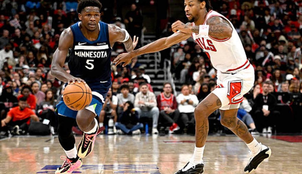 Chicago Illinois Anthony Edwards Of The Minnesota Timberwolves Dribbles The Ball Past As