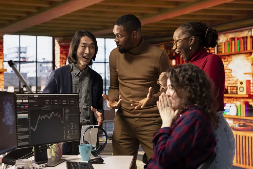 Happy Startup Team Celebrating Milestone After Company Goes Public Through Ipo 1