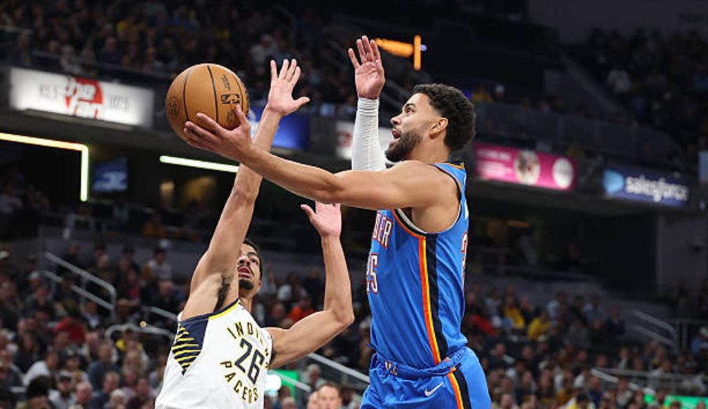 Indianapolis Indiana Ajay Mitchell Of The Oklahoma City Thunder Shoots The Ball While Indianapolis Indiana Ajay Mitchell Of The Oklahoma City Thunder Shoots The Ball While
