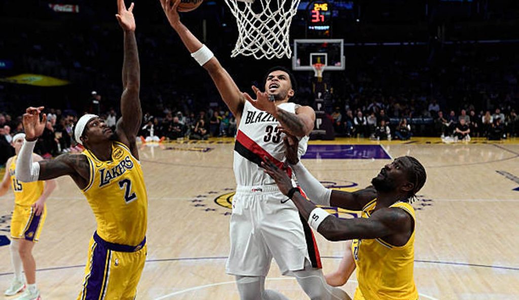 Los Angeles California Toumani Camara Of The Portland Trail Blazers Shoots And Scores Against Los Angeles California Toumani Camara Of The Portland Trail Blazers Shoots And Scores Against