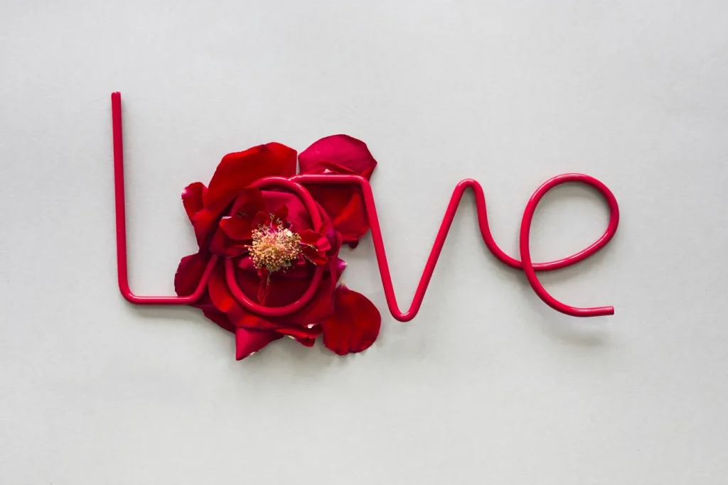 Love Inscription Red Rose Petals Table