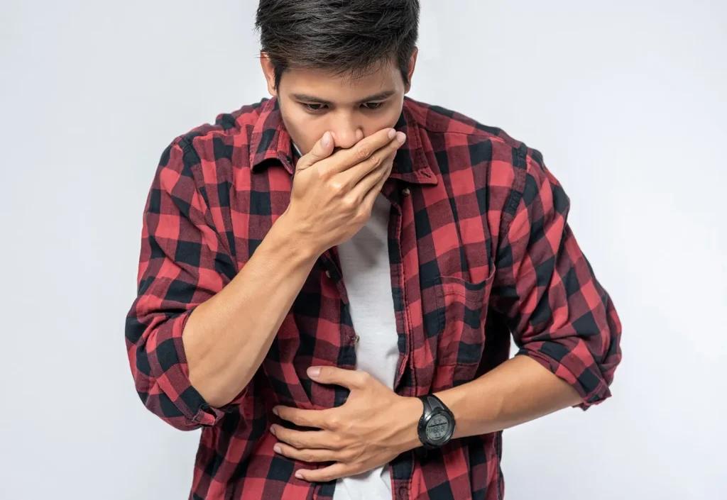 Man Standing With Stomachache Put Your Hands Your Stomach Cover Your Mouth