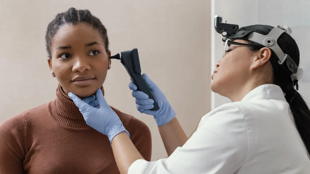 Medium Shot Doctor Checking Patient Ears Medium Shot Doctor Checking Patient Ears