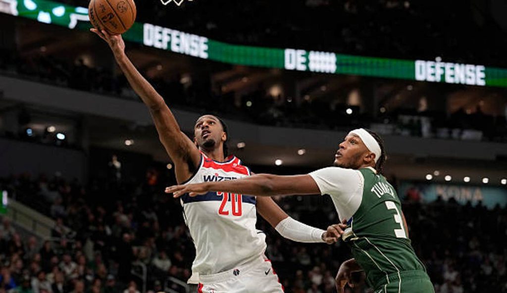 Milwaukee Wisconsin Alex Sarr Of The Washington Wizards Shoots The Ball Against Myles Turner Milwaukee Wisconsin Alex Sarr Of The Washington Wizards Shoots The Ball Against Myles Turner