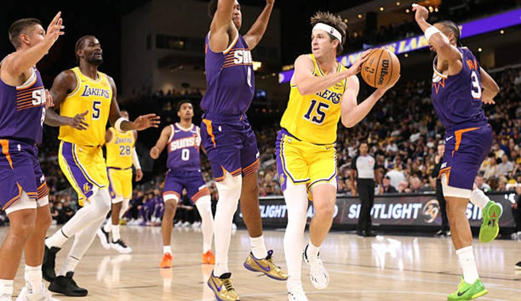 Palm Springs California Austin Reaves Of The Los Angeles Lakers Drives Around Jalen Green Of