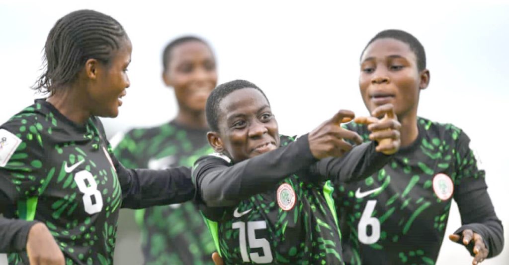 Players Of Nigerias Flamingos Celebrate After Scoring A Goal Players Of Nigerias Flamingos Celebrate After Scoring A Goal