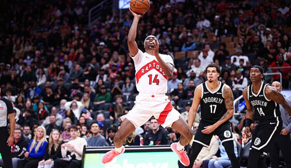 Toronto Canada Jakobe Walter Of The Toronto Raptors Puts Up A Shot As Michael Porter Jr 17