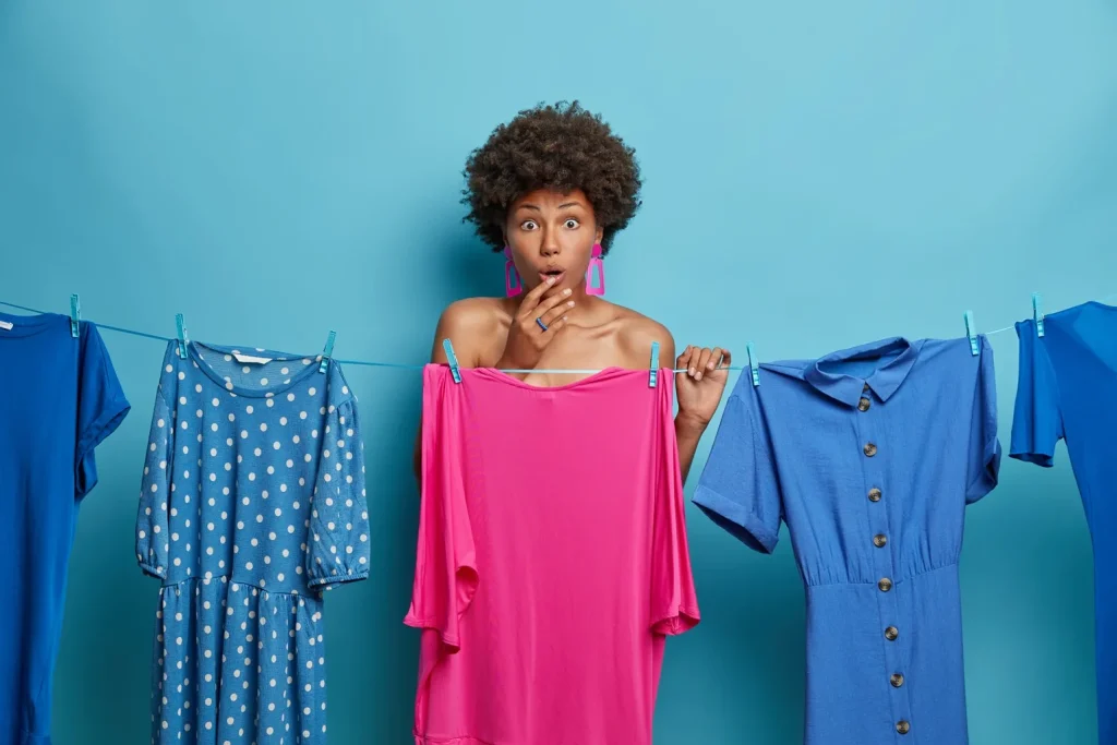 Urprised Dark Skinned Woman Faces Problem What Wear Stands Behind Pink Dress Urprised Dark Skinned Woman Faces Problem What Wear Stands Behind Pink Dress