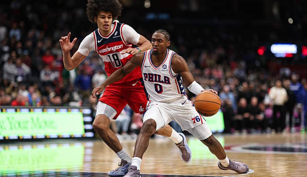 Washington Dc Tyrese Maxey Of The Philadelphia 76Ers Drives To The Basket Against Kyshawn Washington Dc Tyrese Maxey Of The Philadelphia 76Ers Drives To The Basket Against Kyshawn