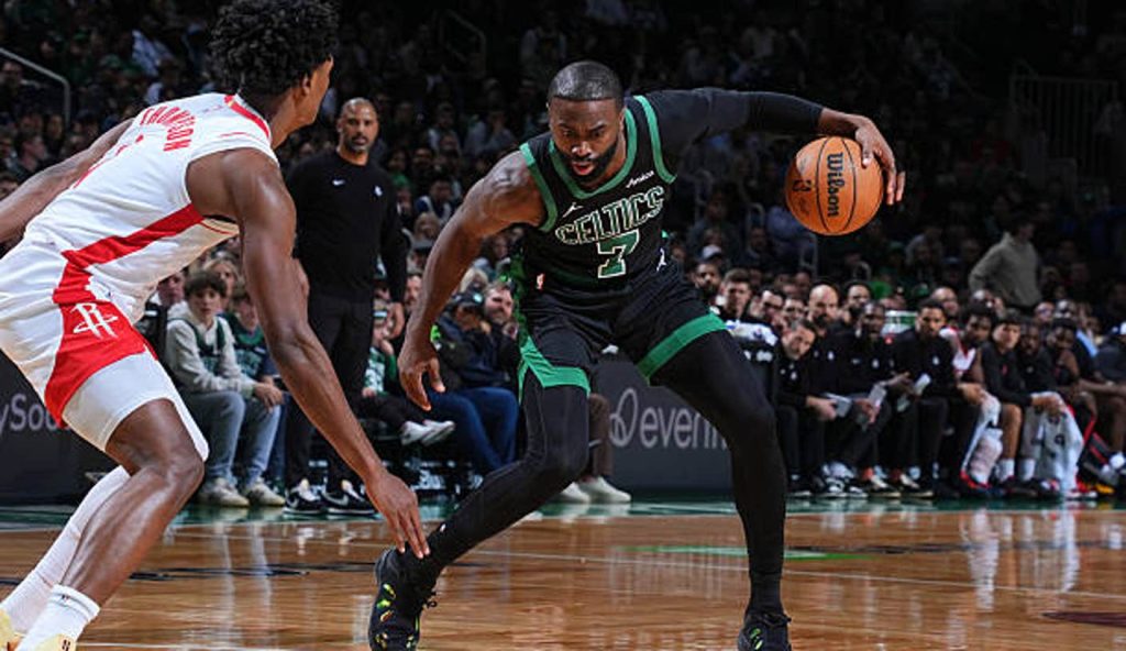 Boston Ma Jaylen Brown Of The Boston Celtics Dribbles The Ball During The Game Against The