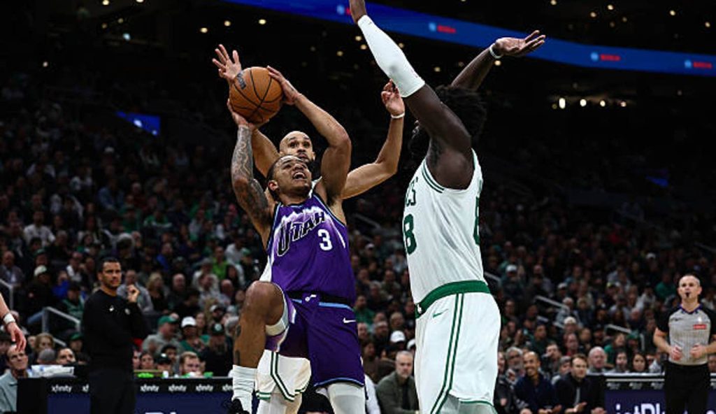 Boston Ma Keyonte George Of The Utah Jazz Tries To Get Off A Shot Over Neemias Queta Of The Boston Ma Keyonte George Of The Utah Jazz Tries To Get Off A Shot Over Neemias Queta Of The
