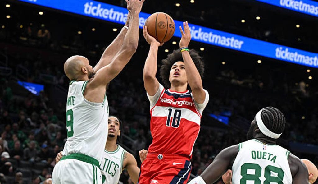 Boston Massachusetts Kyshawn George Of The Washington Wizards Shoots Against Derrick White Boston Massachusetts Kyshawn George Of The Washington Wizards Shoots Against Derrick White