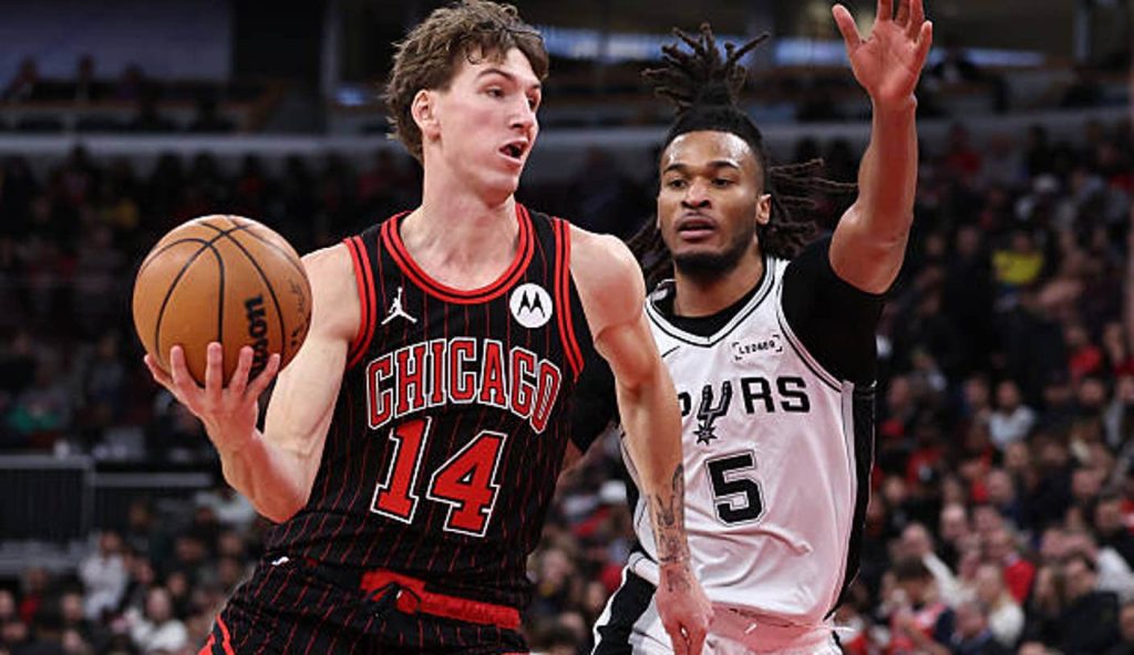 Chicago Illinois Matas Buzelis Of The Chicago Bulls Dribbles Past Stephon Castle Of The San