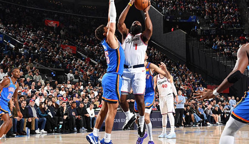 Inglewood Ca James Harden Of The La Clippers Shoots The Ball During The Game Against The