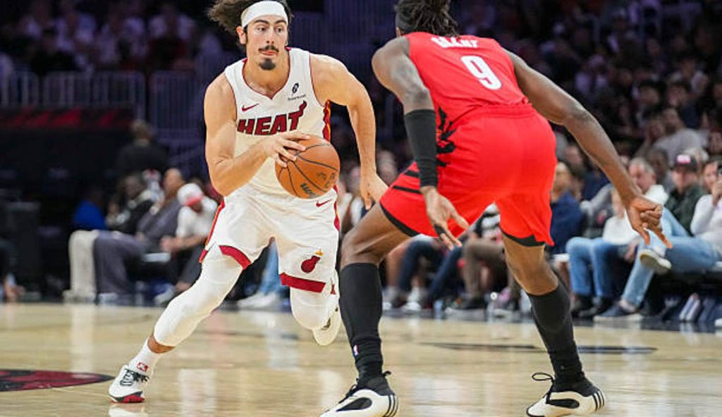 Miami Florida Jaime Jaquez Jr 11 Of The Miami Heat Drives To The Basket Past Jerami Grant Of Miami Florida Jaime Jaquez Jr 11 Of The Miami Heat Drives To The Basket Past Jerami Grant Of