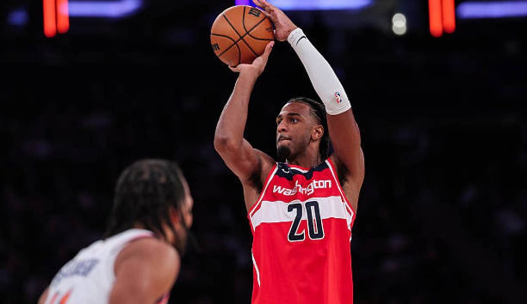 New York New York Alex Sarr Of The Washington Wizards Shoots The Ball During The Fourth New York New York Alex Sarr Of The Washington Wizards Shoots The Ball During The Fourth