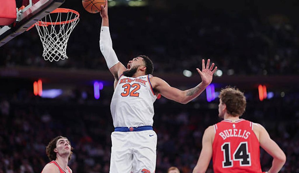New York New York Karl Anthony Towns Of The New York Knicks Dunks The Ball During The Fourth