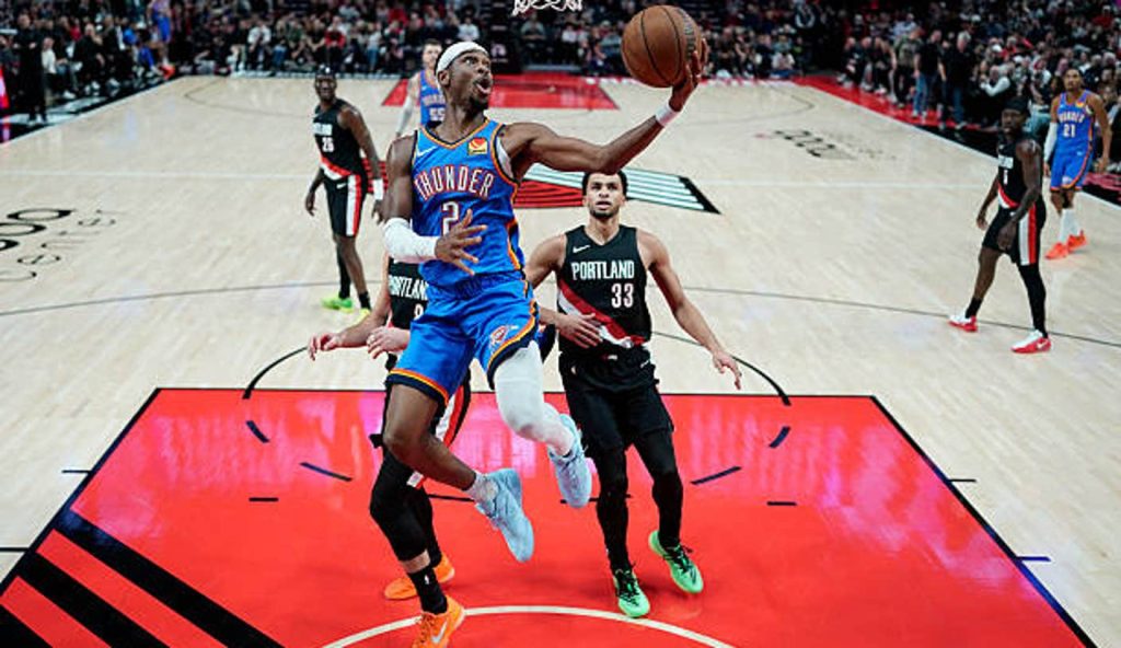 Portland Oregon Shai Gilgeous Alexander Of The Oklahoma City Thunder Lays Up A Shot Past Deni